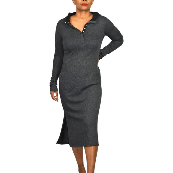 Noctex Henley Sweater Dress Grey Charcoal Wool Midi Hooded Pockets Side Slits XS - Picture 15 of 15
